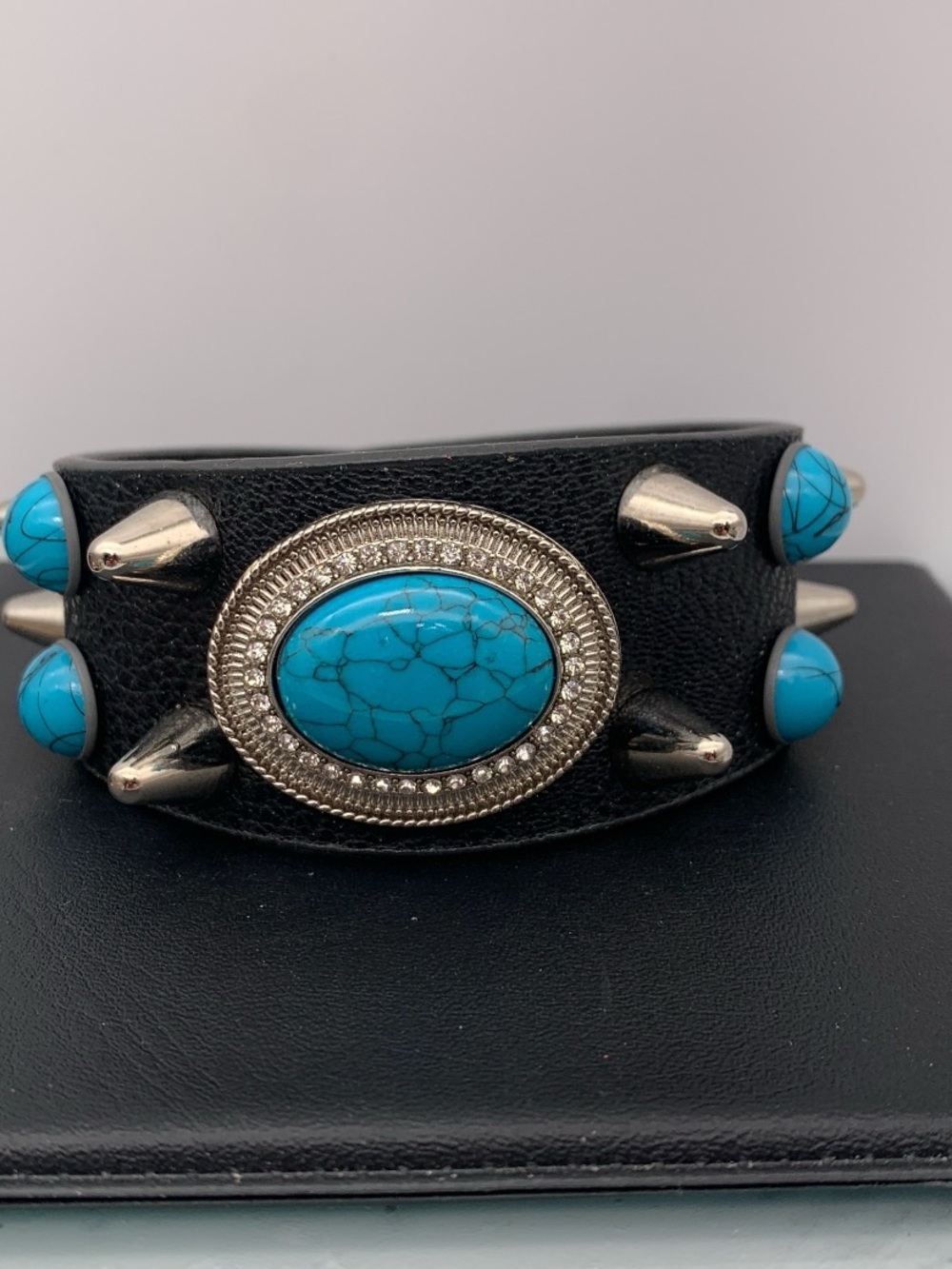 NWOT faux Turquoise Stone Studded Black Leather Cuff Bracelet